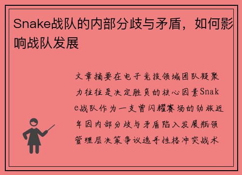 Snake战队的内部分歧与矛盾，如何影响战队发展