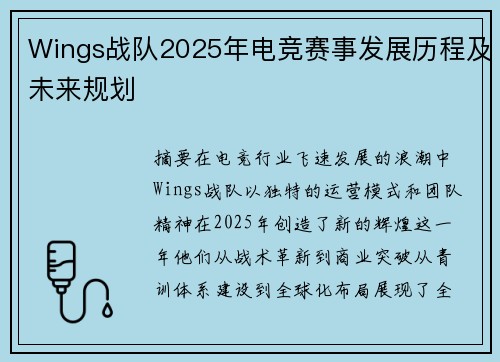 Wings战队2025年电竞赛事发展历程及未来规划